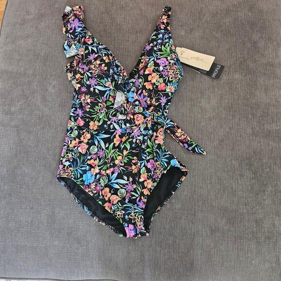 Gottex Flora Floral Tie Front black V-neck Shirred One Piece Swimsuit Size 12 - Picture 6 of 16